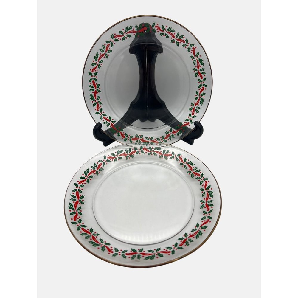 2 Clear Glass Christmas Salad Plates with Holly & Ribbon Design and Gold Trim 8"